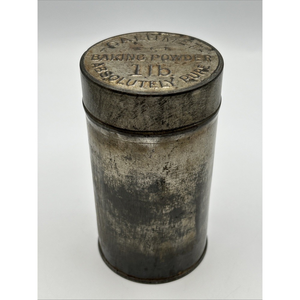 Antique Calumet Baking Powder Tin Canister 1 lb Embossed Lid Vintage Primitive